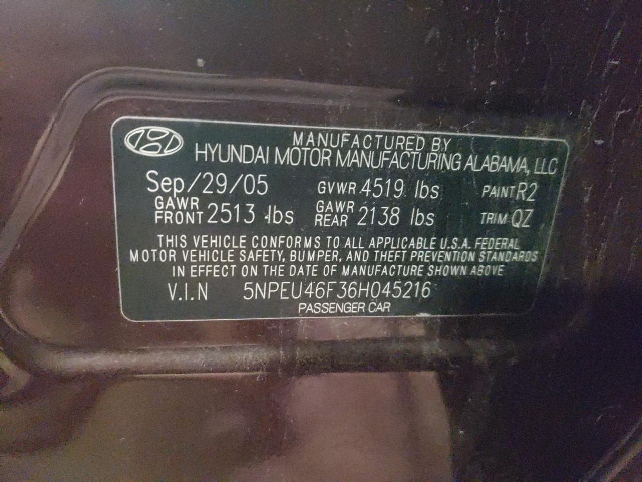 Photo 10 from auction – 2006 HYUNDAI SONATA GLS with VIN 5NPEU46F36H045216