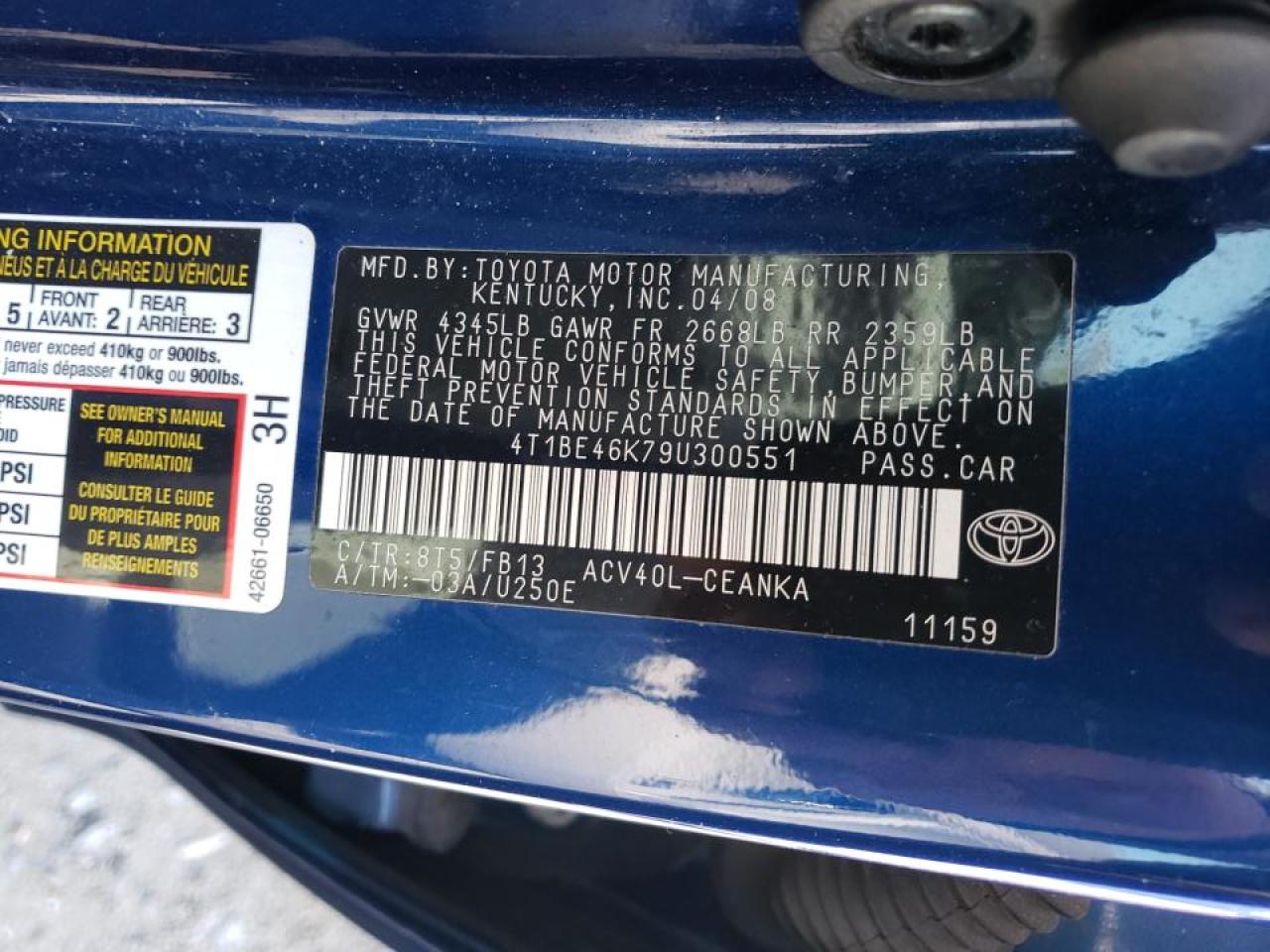 Photo 10 from auction – 2009 TOYOTA CAMRY BASE with VIN 4T1BE46K79U300551
