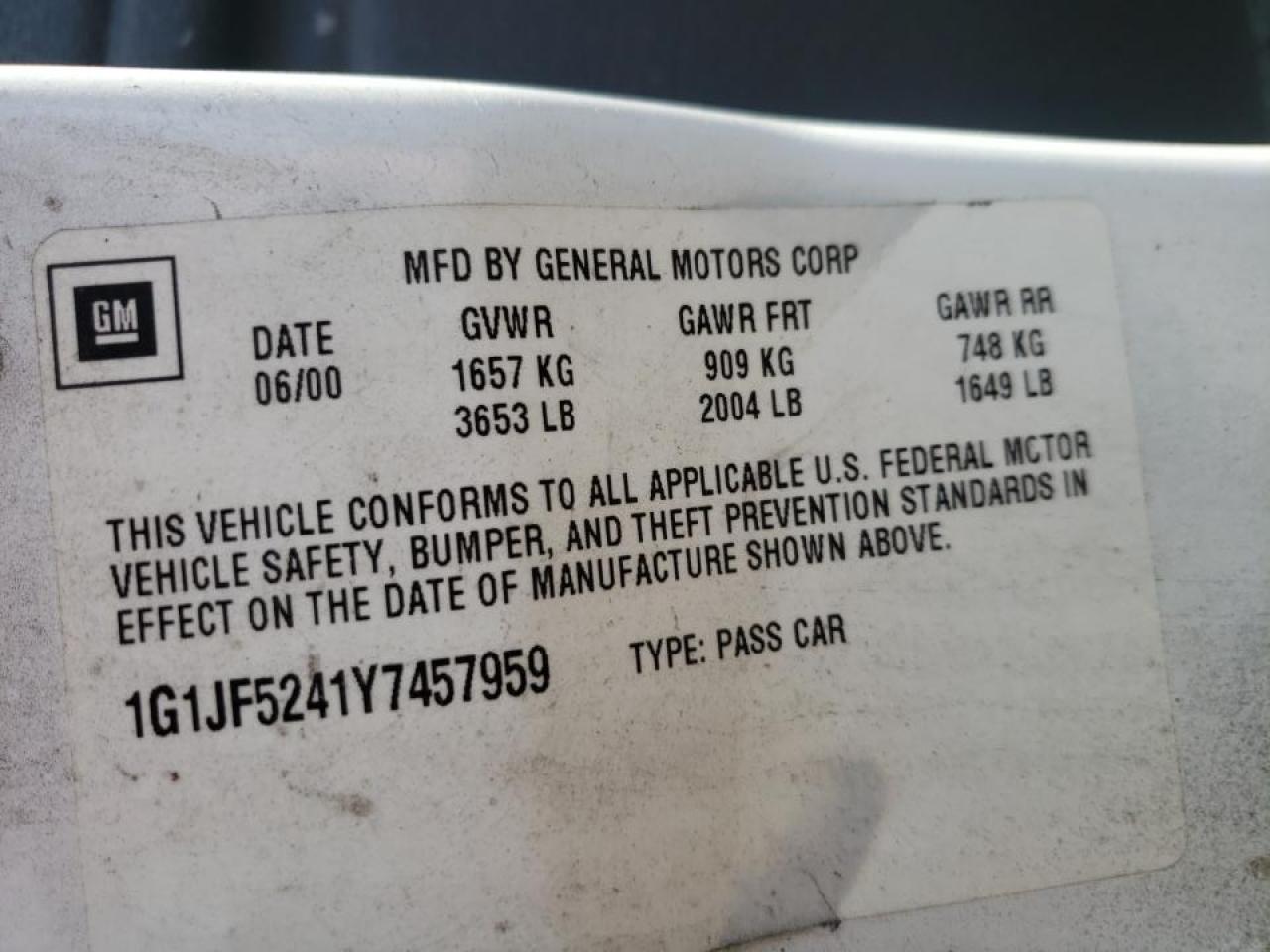 Photo 10 from auction – 2000 CHEVROLET CAVALIER L with VIN 1G1JF5241Y7457959