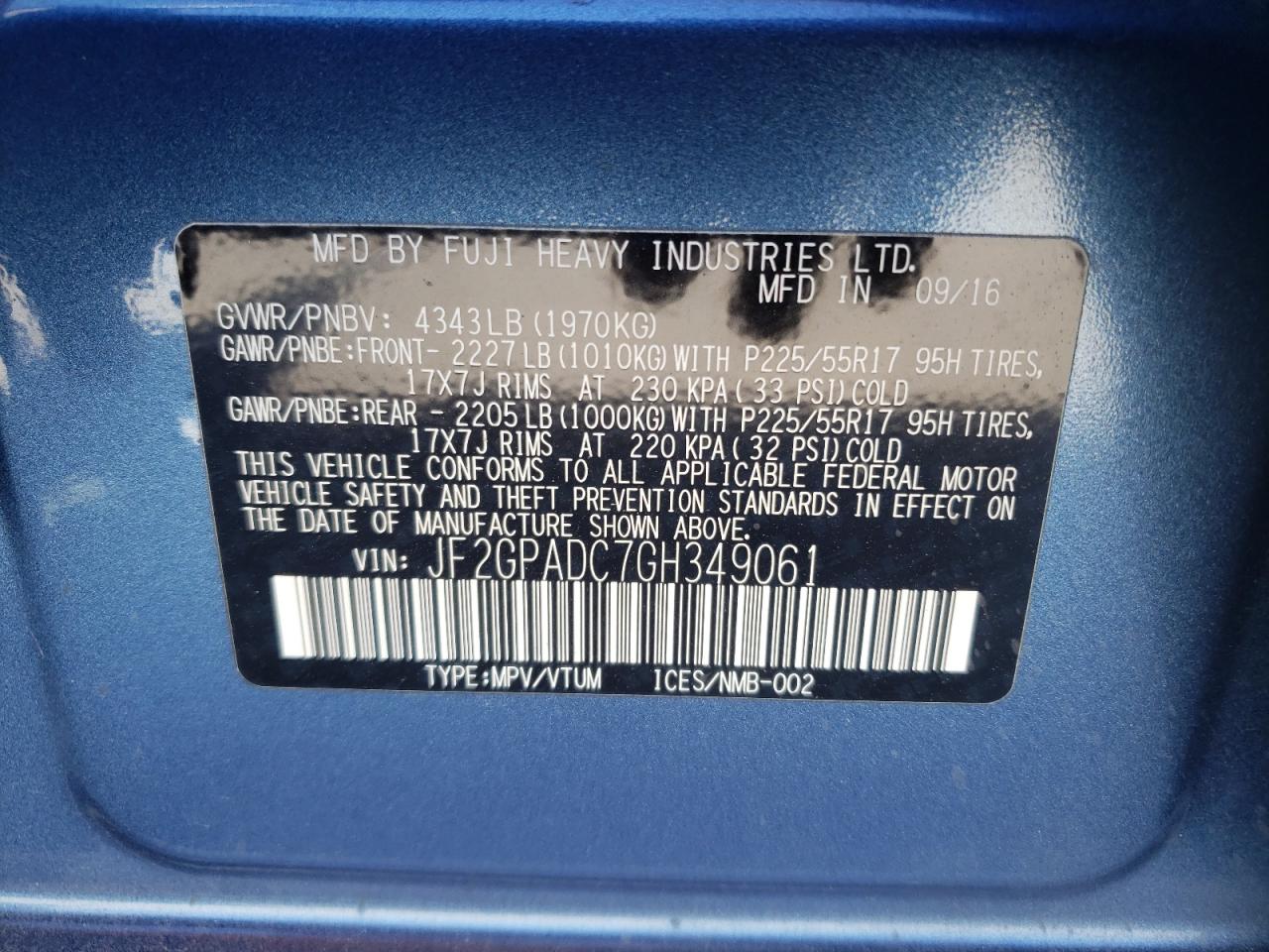 Foto 10 de la subasta – 2016 SUBARU CROSSTREK con VIN JF2GPADC7GH349061