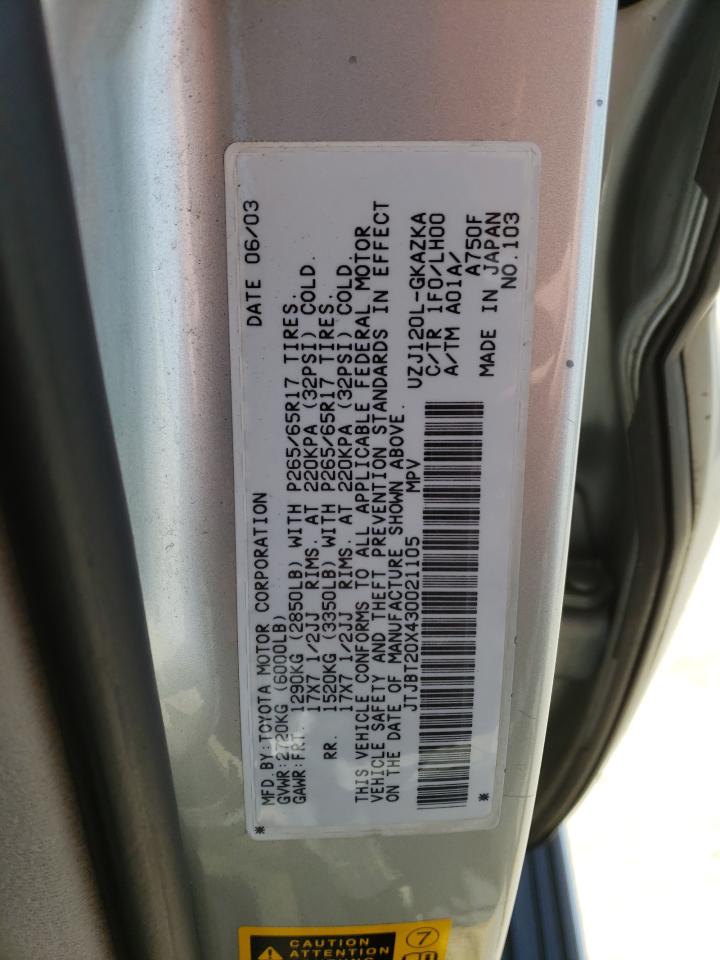 Photo 10 from auction – 2003 LEXUS GX 470 with VIN JTJBT20X430021105