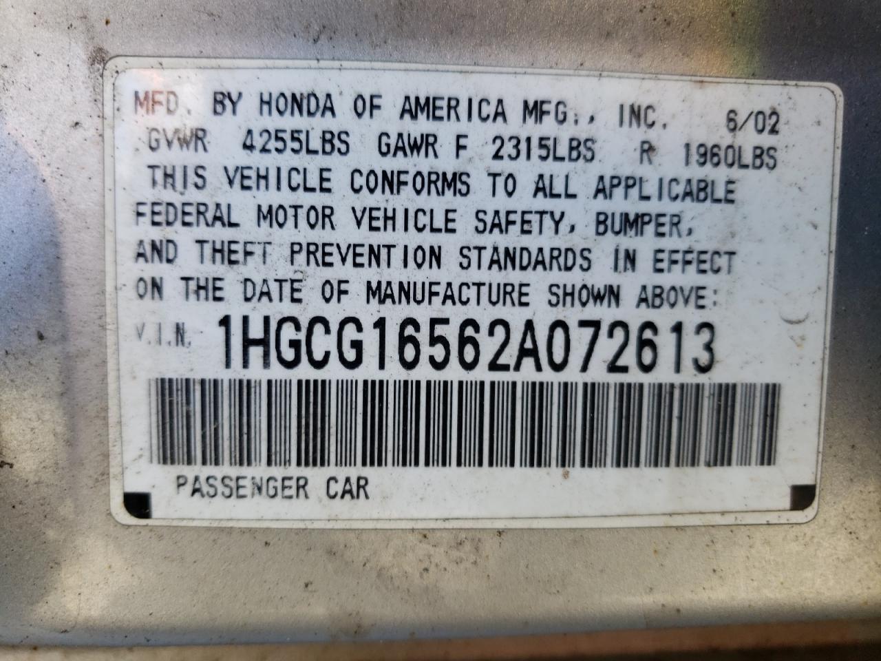 Photo 10 from auction – 2002 HONDA ACCORD EX with VIN 1HGCG16562A072613