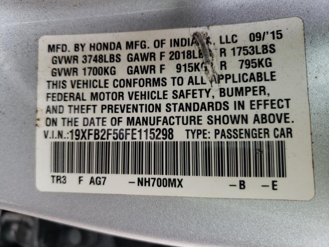 Photo 10 from auction – 2015 HONDA CIVIC LX with VIN 19XFB2F56FE115298