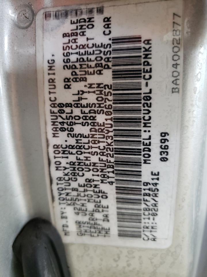Photo 10 from auction – 2000 TOYOTA CAMRY LE with VIN 4T1BF22K3YU106752
