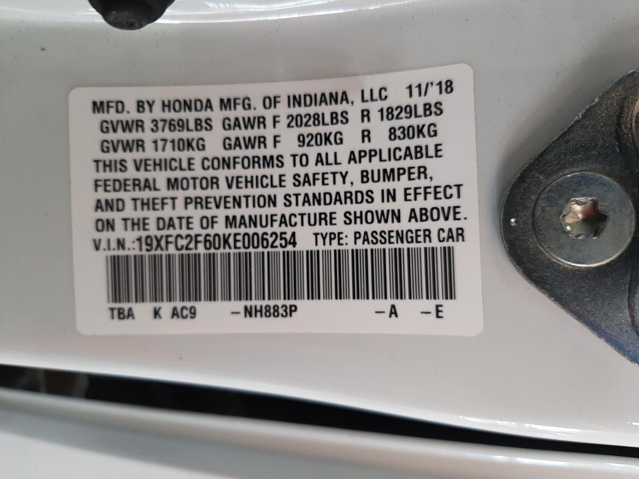 Photo 10 from auction – 2019 HONDA CIVIC LX with VIN 19XFC2F60KE006254