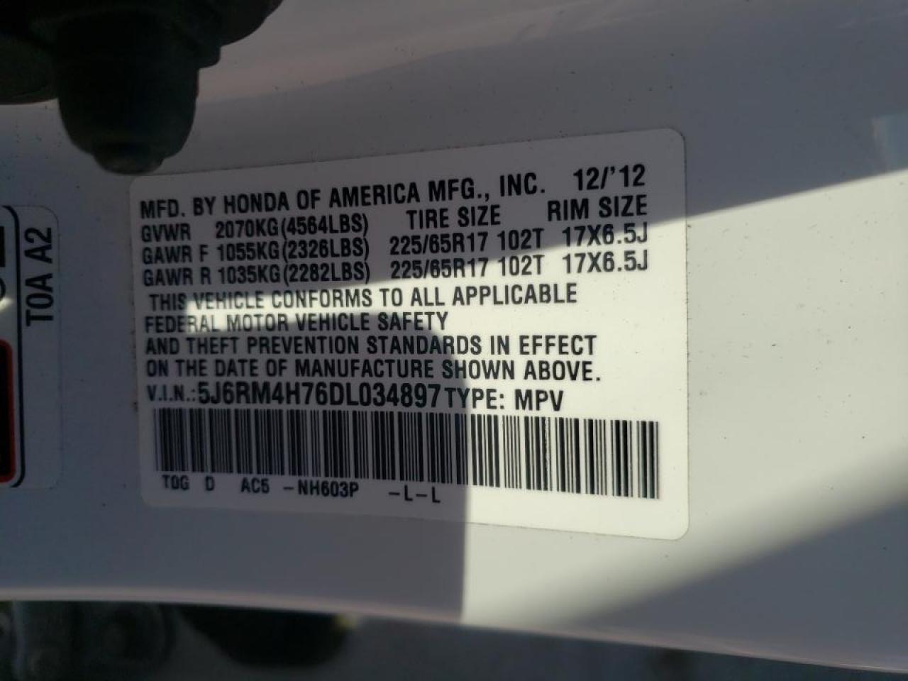 Photo 10 from auction – 2013 HONDA CR-V EXL with VIN 5J6RM4H76DL034897