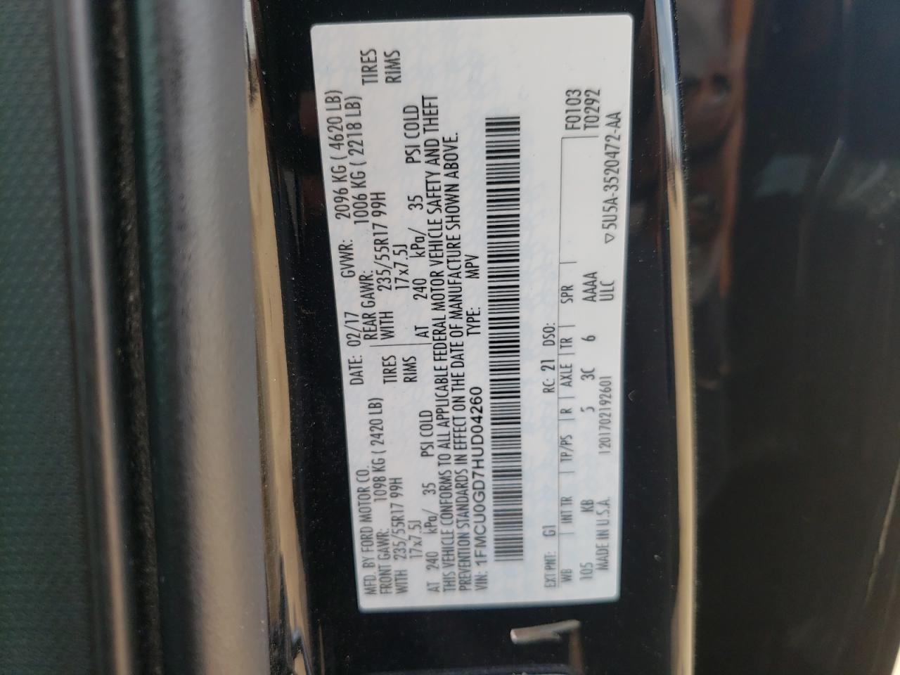 Photo 10 from auction – 2017 FORD ESCAPE SE with VIN 1FMCU0GD7HUD04260