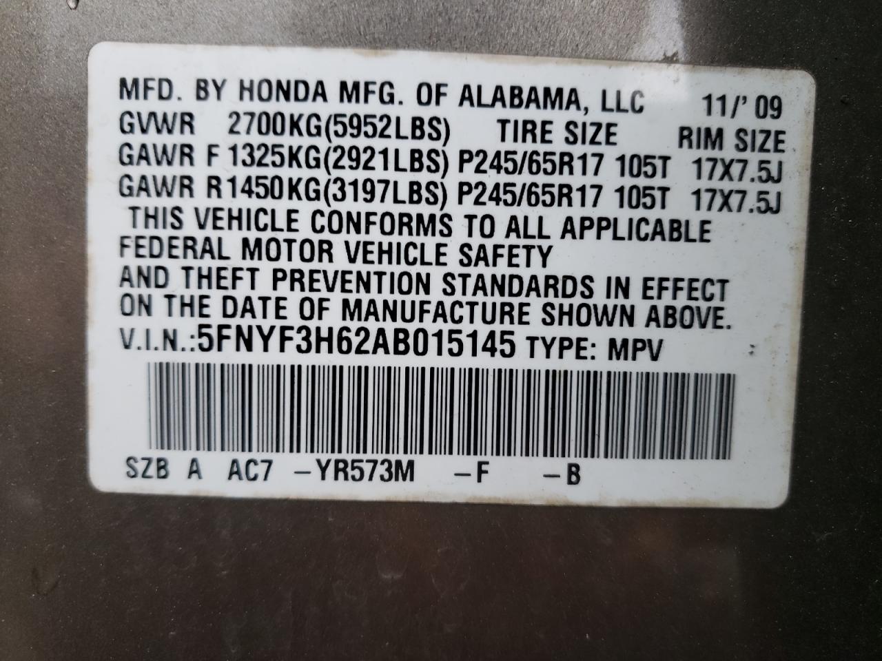 Photo 10 from auction – 2010 HONDA PILOT EXL with VIN 5FNYF3H62AB015145