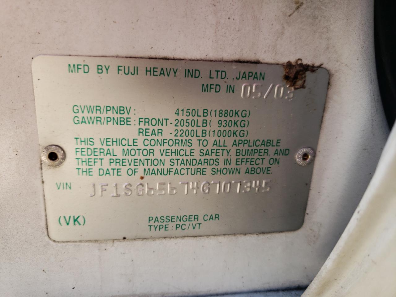 Photo 10 from auction – 2004 SUBARU FORESTER 2 with VIN JF1SG65674G707345