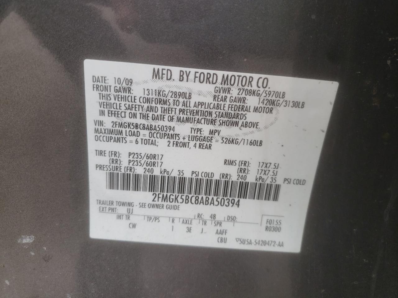 Photo 10 from auction – 2010 FORD FLEX SE with VIN 2FMGK5BC8ABA50394
