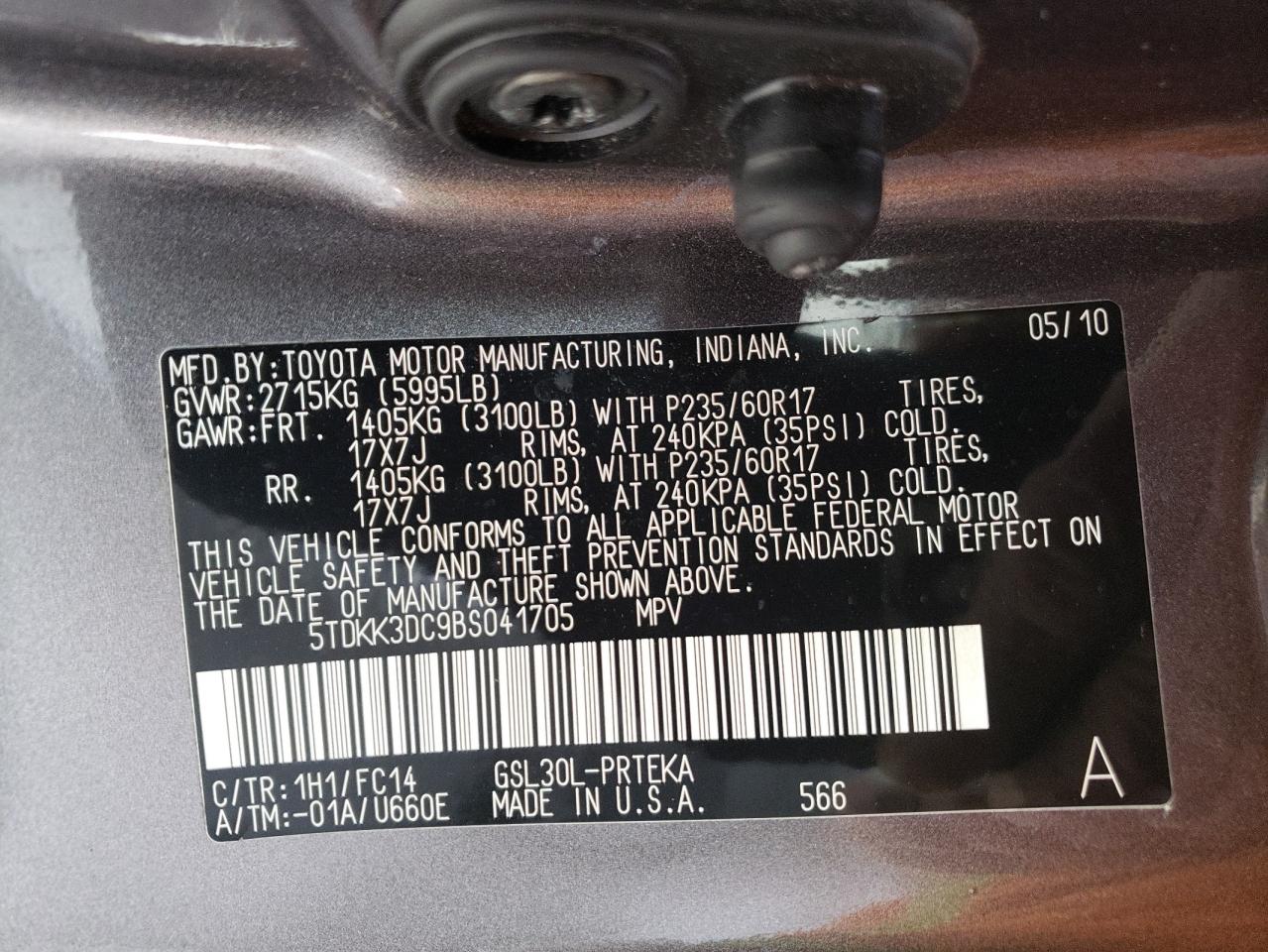 Photo 10 from auction – 2011 TOYOTA SIENNA LE with VIN 5TDKK3DC9BS041705
