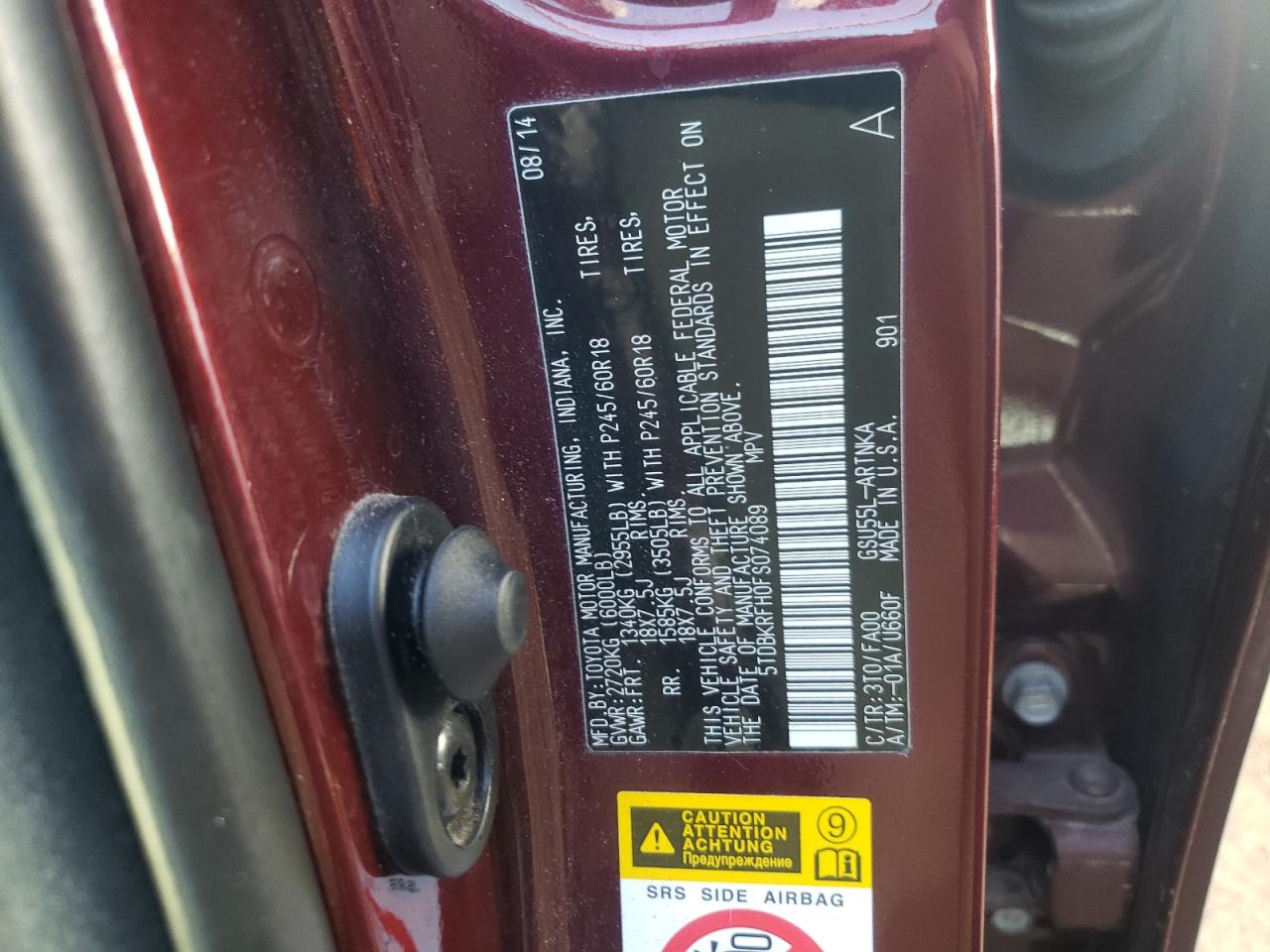 Photo 10 from auction – 2015 TOYOTA HIGHLANDER with VIN 5TDBKRFH0FS074089