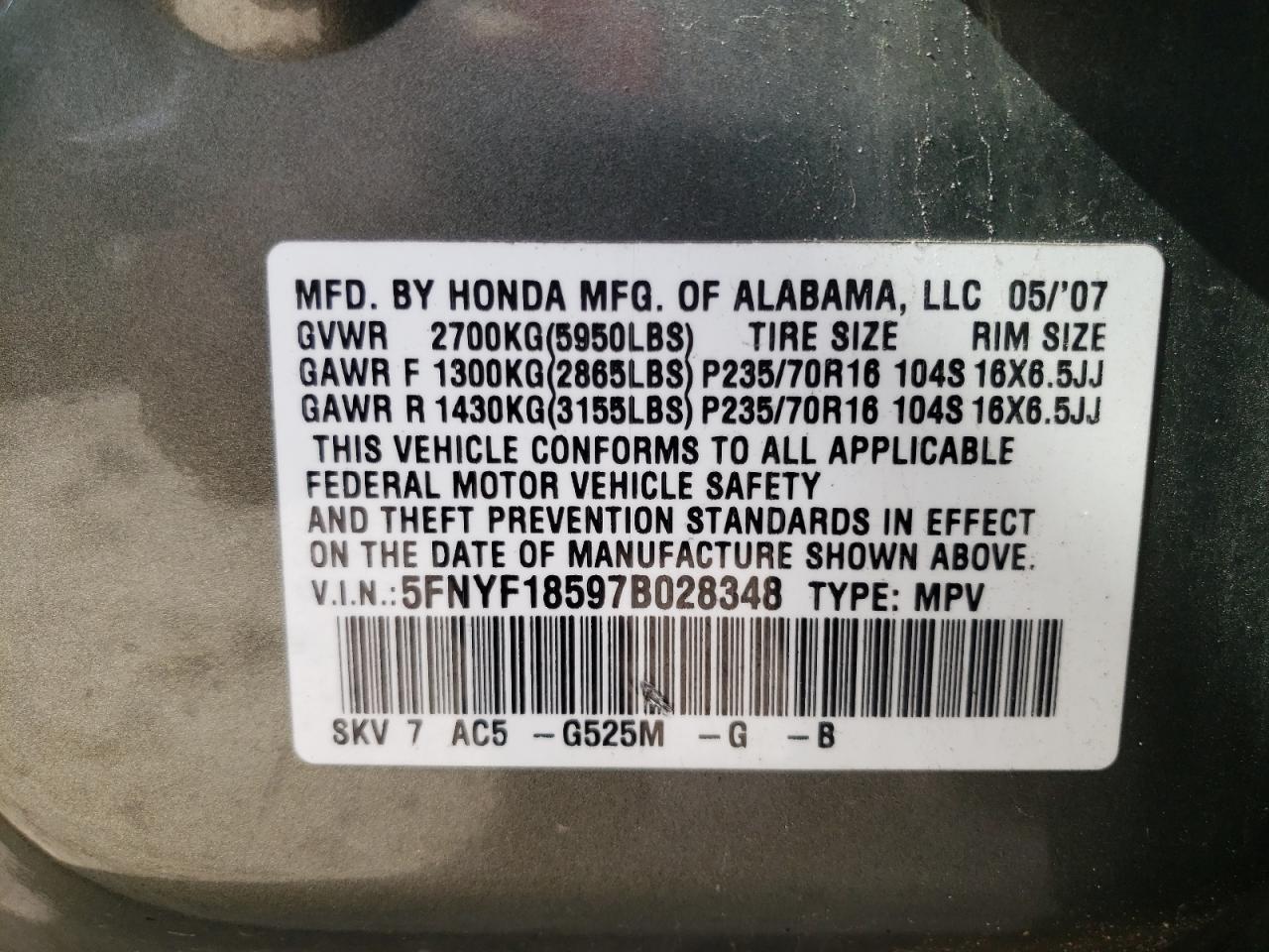 Photo 10 from auction – 2007 HONDA PILOT EXL with VIN 5FNYF18597B028348