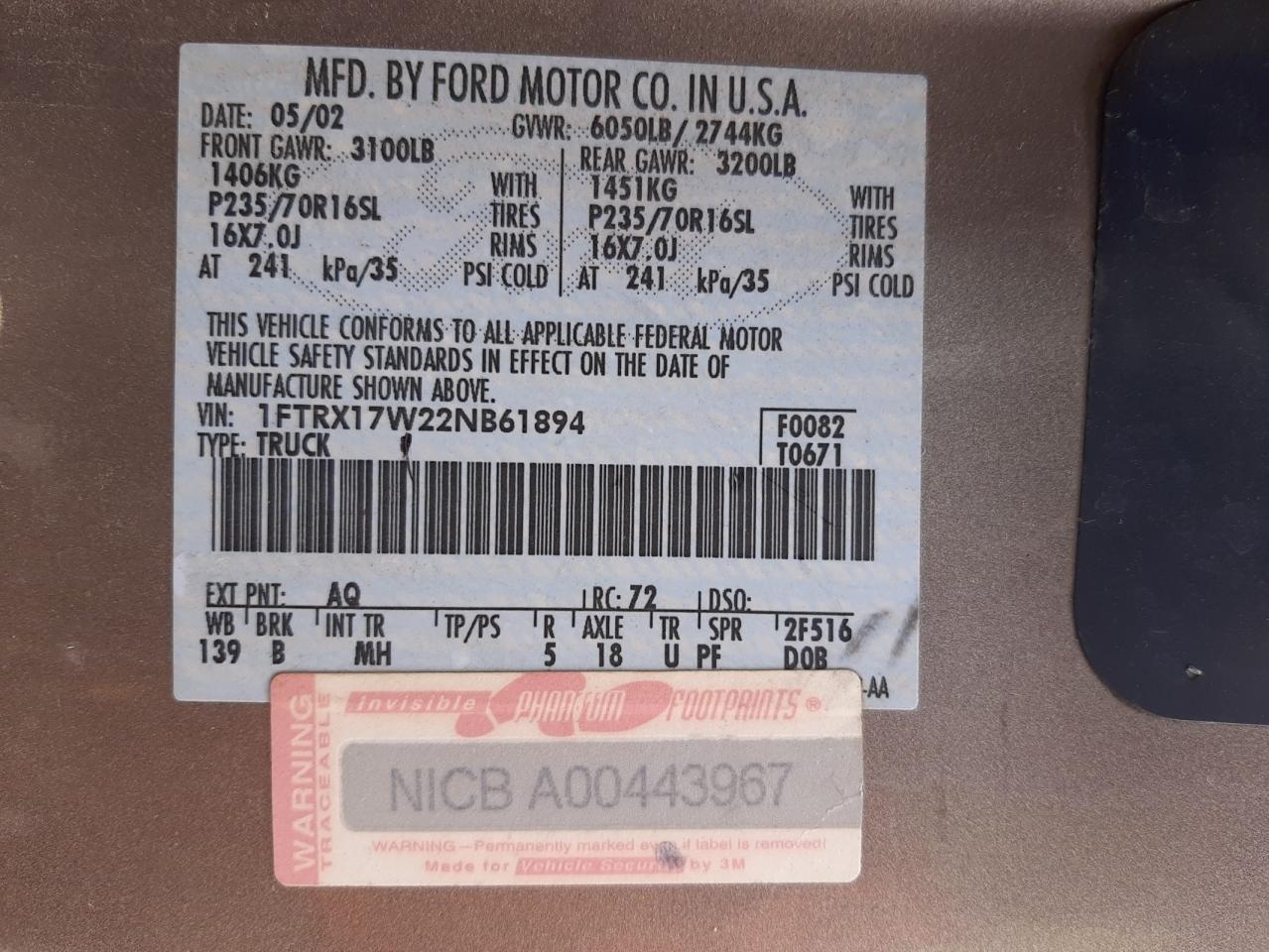 Photo 10 from auction – 2002 FORD F150 with VIN 1FTRX17W22NB61894