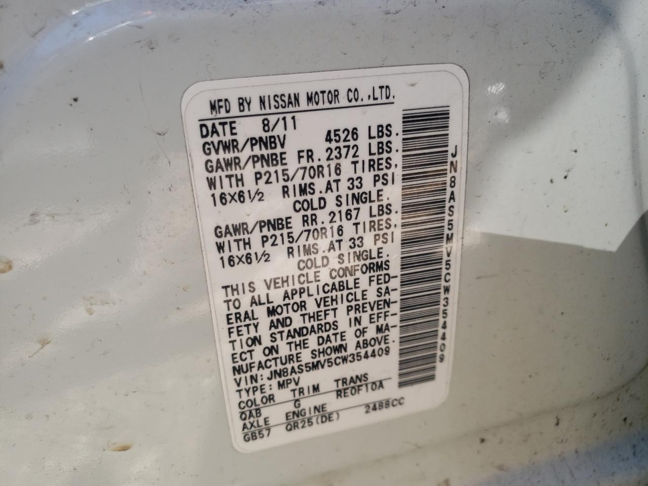 Photo 10 from auction – 2012 NISSAN ROGUE S with VIN JN8AS5MV5CW354409