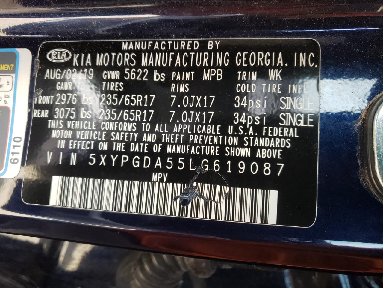 Photo 10 from auction – 2020 KIA SORENTO S with VIN 5XYPGDA55LG619087