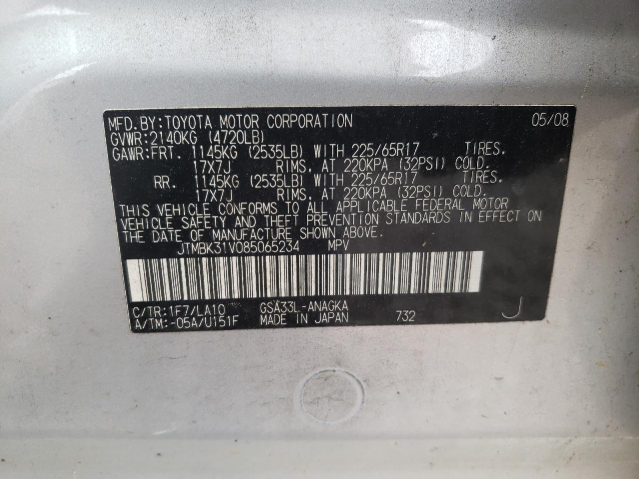 Photo 10 from auction – 2008 TOYOTA RAV4 LIMIT with VIN JTMBK31V085065234
