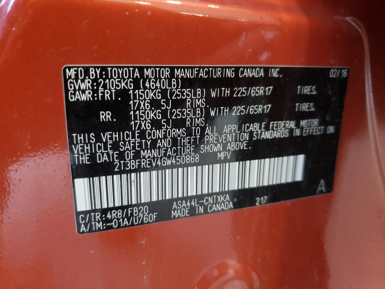 Photo 10 from auction – 2016 TOYOTA RAV4 LE with VIN 2T3BFREV4GW450868