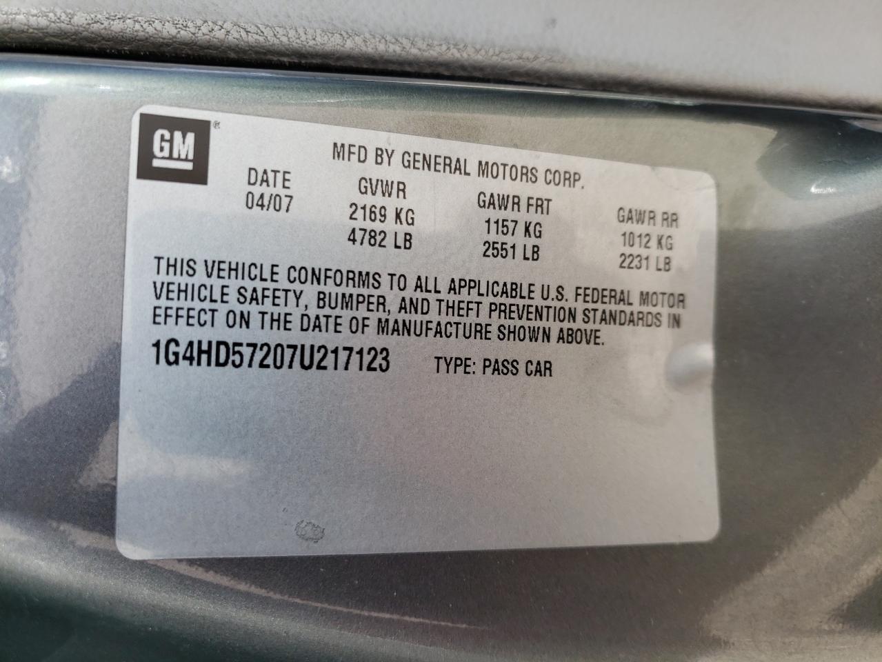 Photo 10 from auction – 2007 BUICK LUCERNE CX with VIN 1G4HD57207U217123