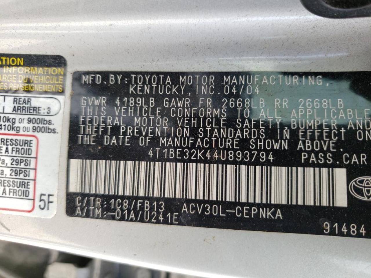 Photo 10 from auction – 2004 TOYOTA CAMRY LE with VIN 4T1BE32K44U893794