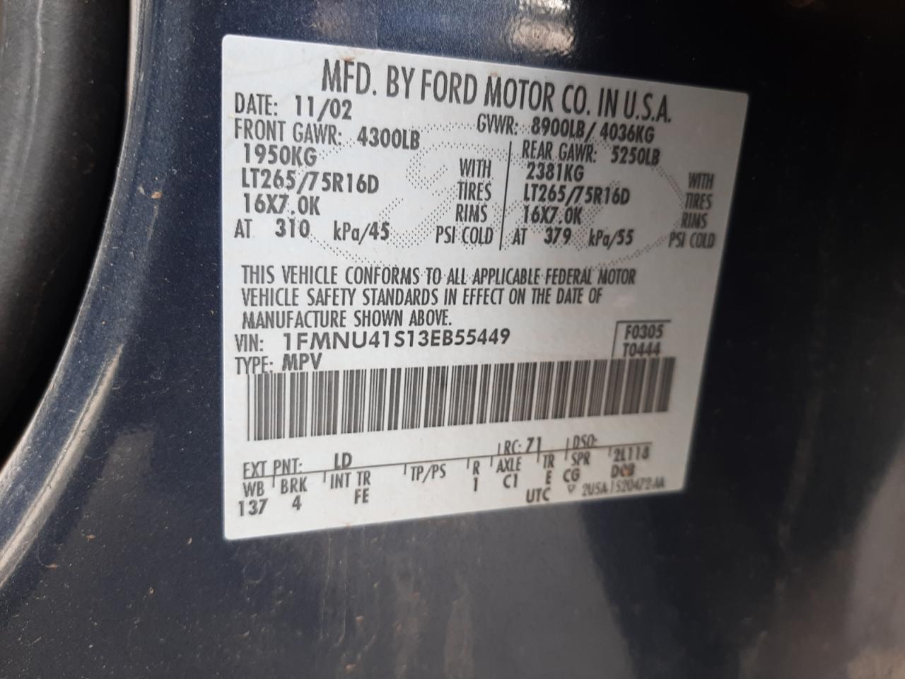 Photo 10 from auction – 2003 FORD EXCURSION with VIN 1FMNU41S13EB55449