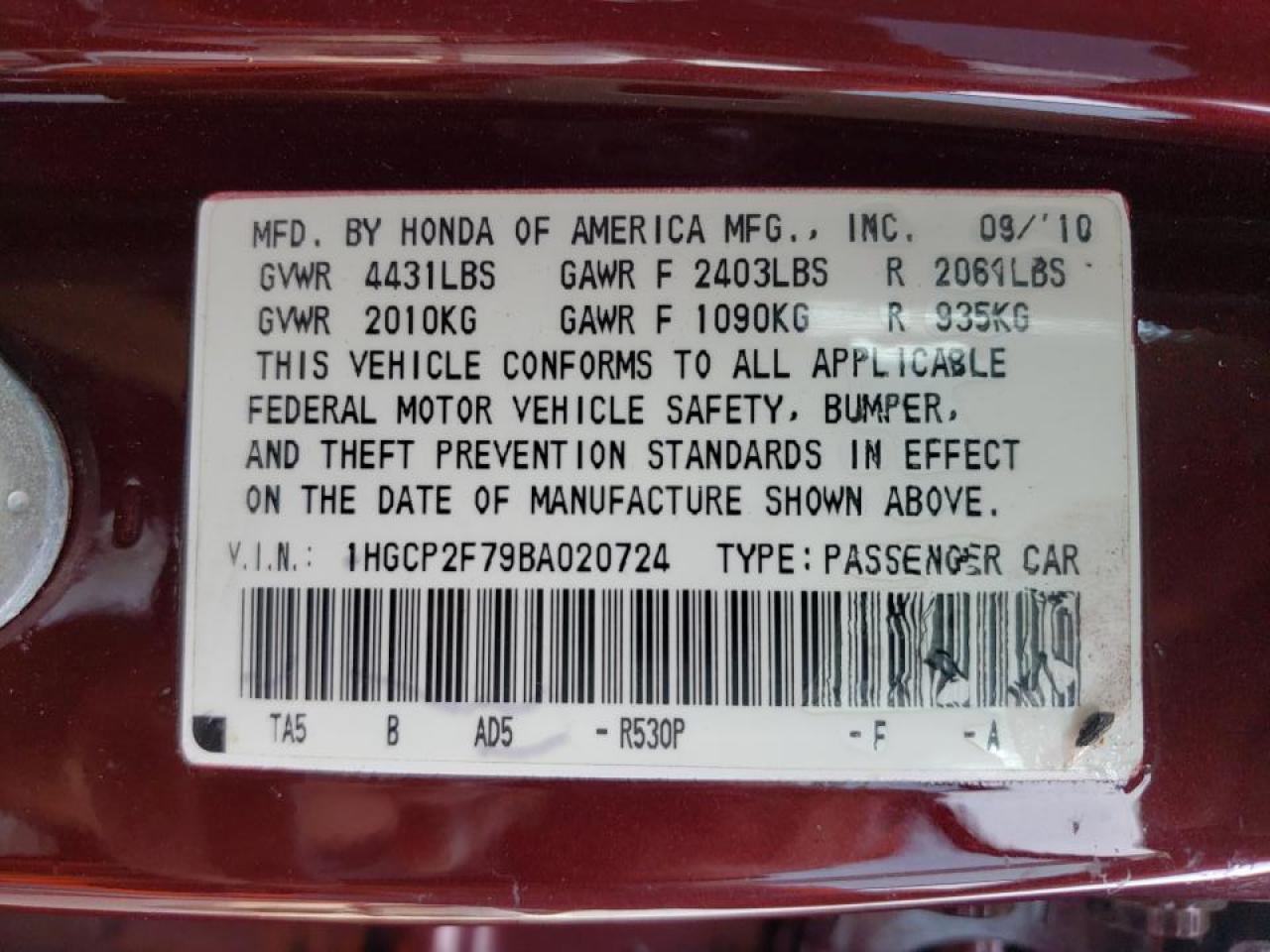 Photo 10 from auction – 2011 HONDA ACCORD EX with VIN 1HGCP2F79BA020724