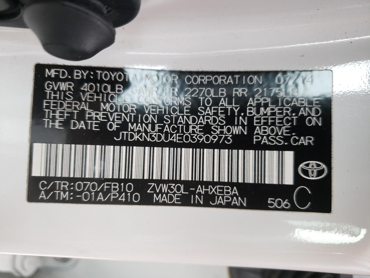 Photo 10 from auction – 2014 TOYOTA PRIUS with VIN JTDKN3DU4E0390973