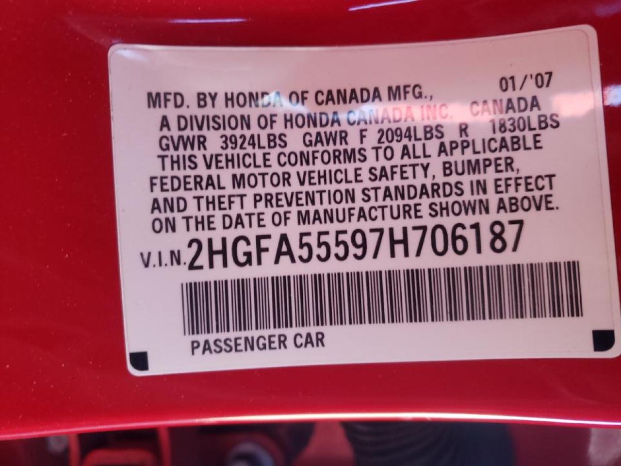 Photo 10 from auction – 2007 HONDA CIVIC SI with VIN 2HGFA55597H706187