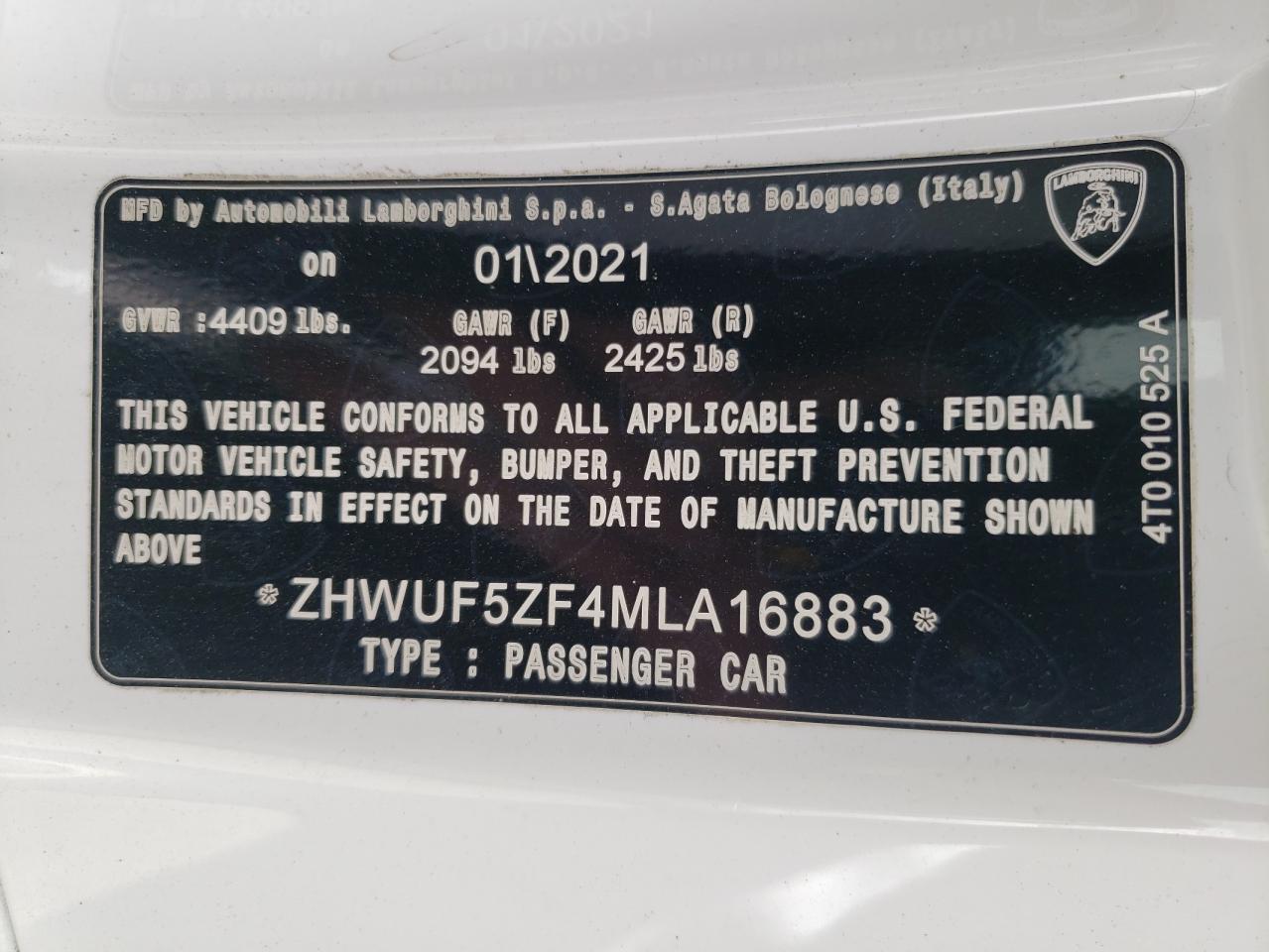 Photo 10 from auction – 2021 LAMBORGHINI HURACAN EV with VIN ZHWUF5ZF4MLA16883