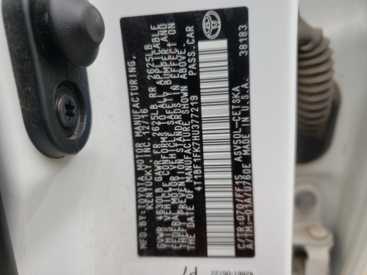 Photo 10 from auction – 2017 TOYOTA CAMRY with VIN 4T1BF1FK7HU377219