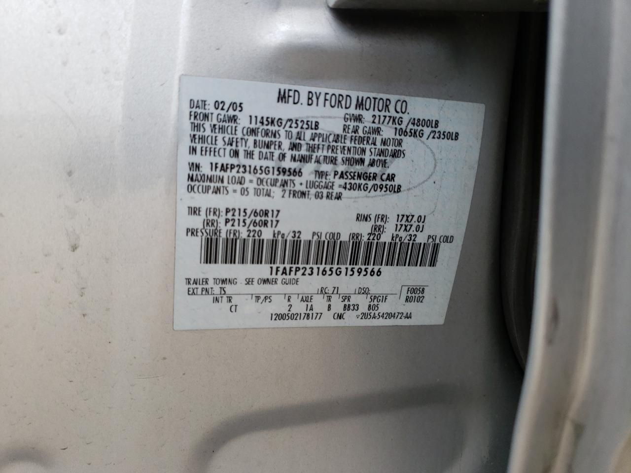 Photo 10 from auction – 2005 FORD FIVE HUNDR with VIN 1FAFP23165G159566