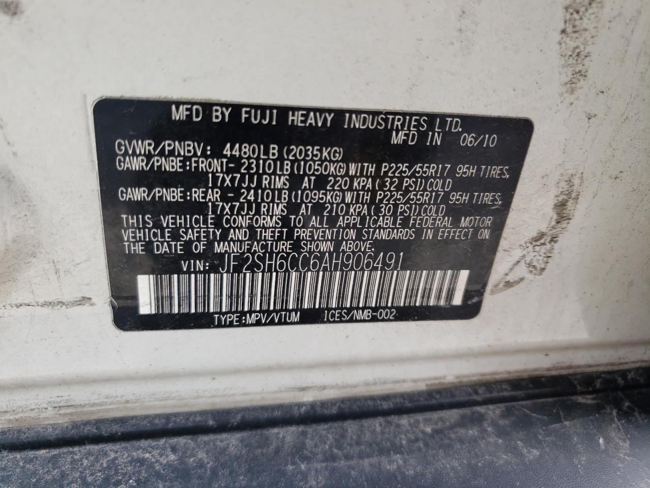 Photo 10 from auction – 2010 SUBARU FORESTER 2 with VIN JF2SH6CC6AH906491