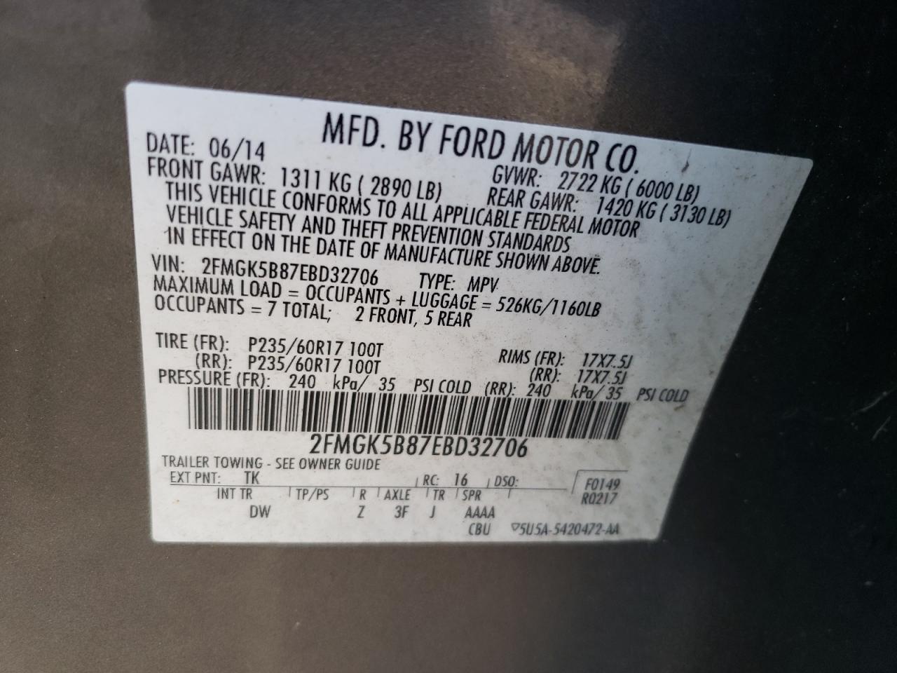 Photo 10 from auction – 2014 FORD FLEX SE with VIN 2FMGK5B87EBD32706