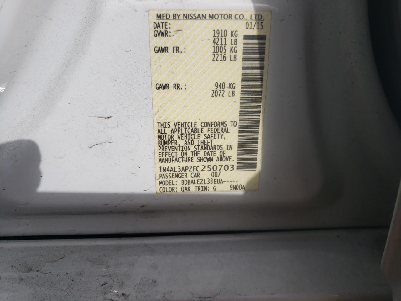 Photo 10 from auction – 2015 NISSAN ALTIMA 2.5 with VIN 1N4AL3AP2FC250703