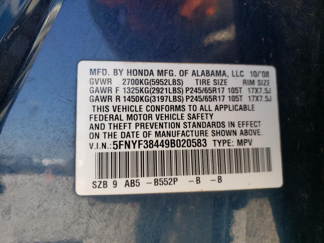 Photo 10 from auction – 2009 HONDA PILOT EX with VIN 5FNYF38449B020583