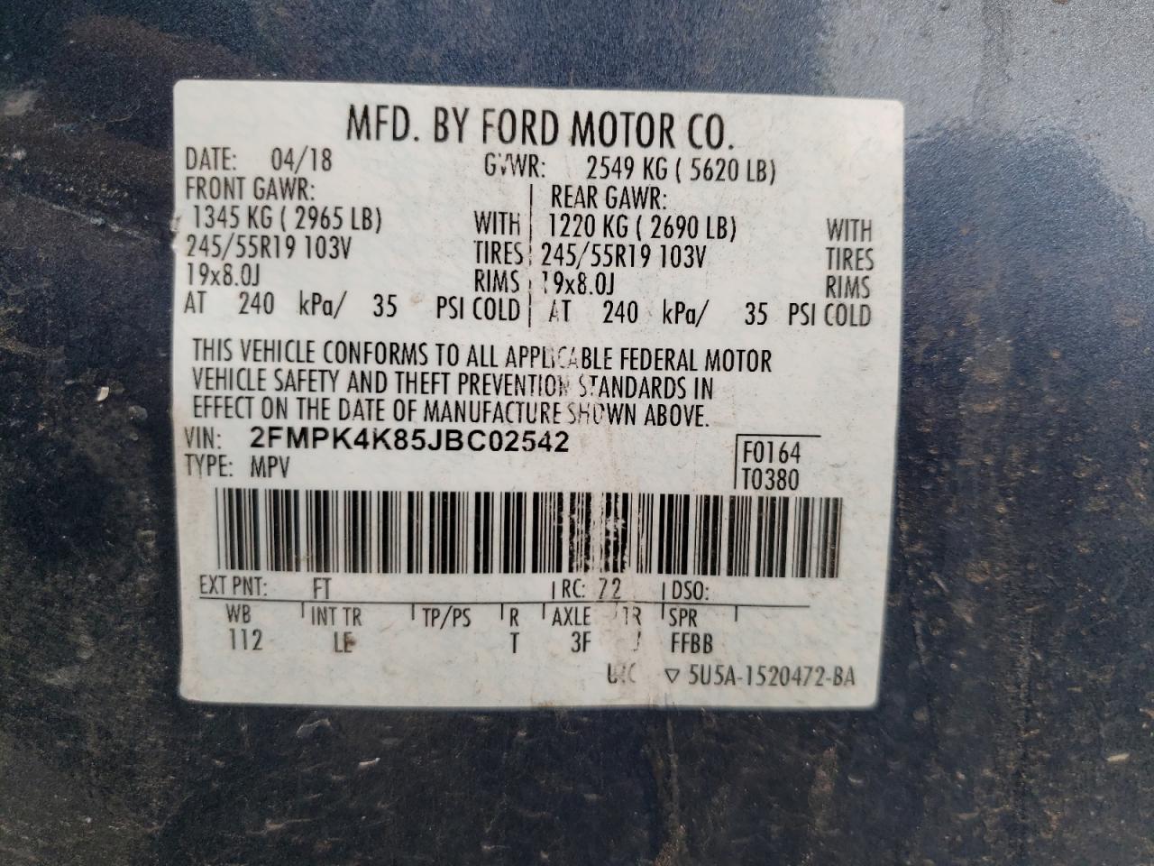Photo 10 from auction – 2018 FORD EDGE TITAN with VIN 2FMPK4K85JBC02542