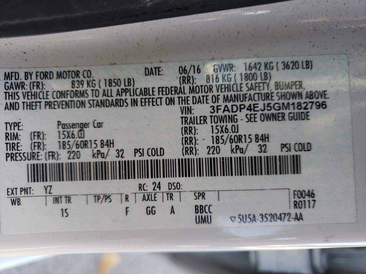 Photo 10 from auction – 2016 FORD FIESTA SE with VIN 3FADP4EJ5GM182796
