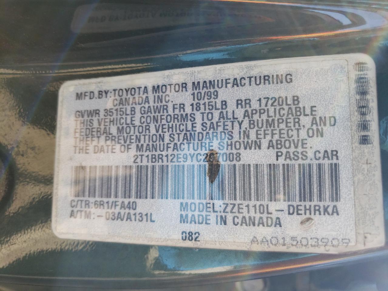 Photo 10 from auction – 2000 TOYOTA COROLLA VE with VIN 2T1BR12E9YC297008