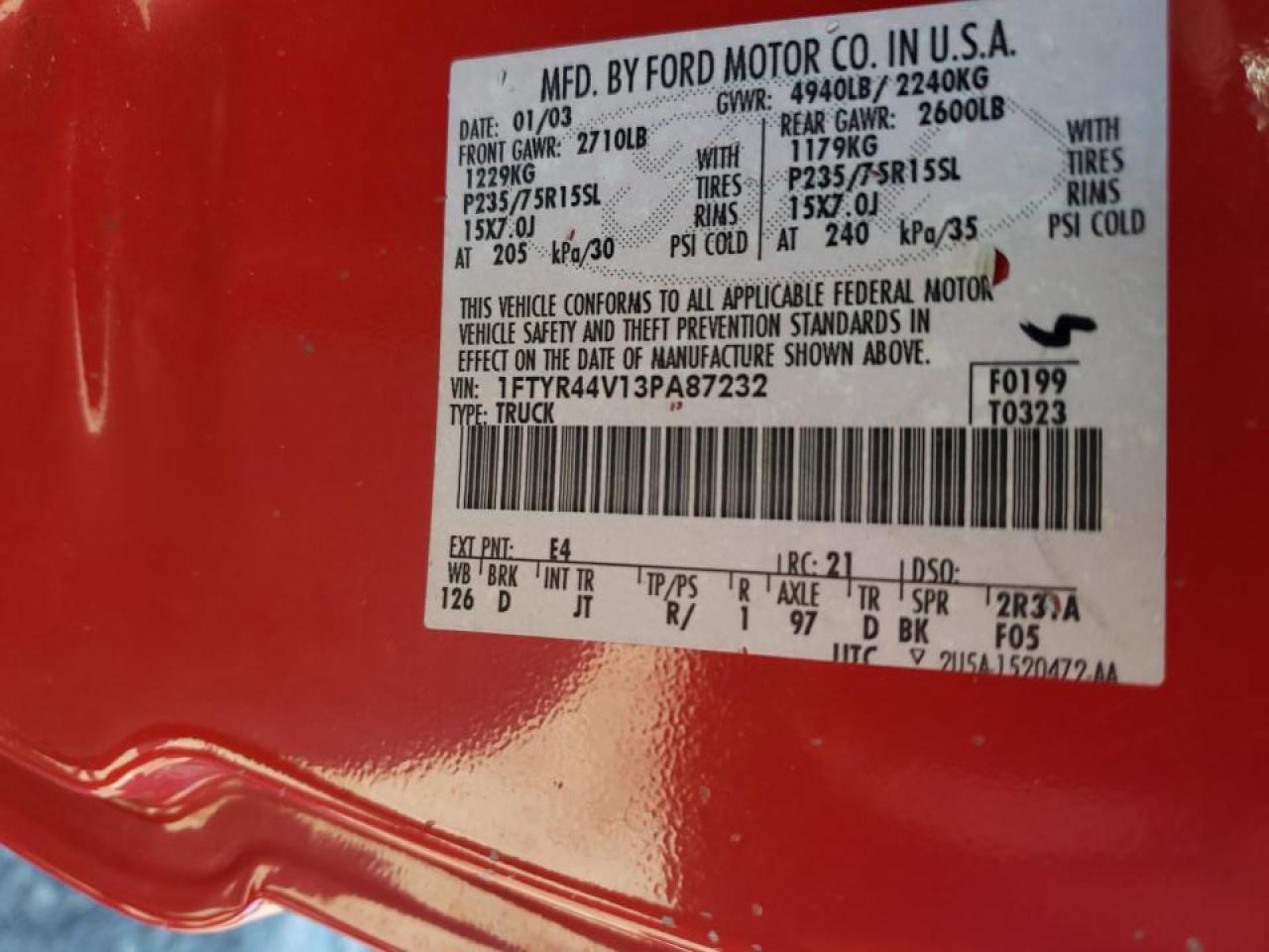Photo 10 from auction – 2003 FORD RANGER SUP with VIN 1FTYR44V13PA87232
