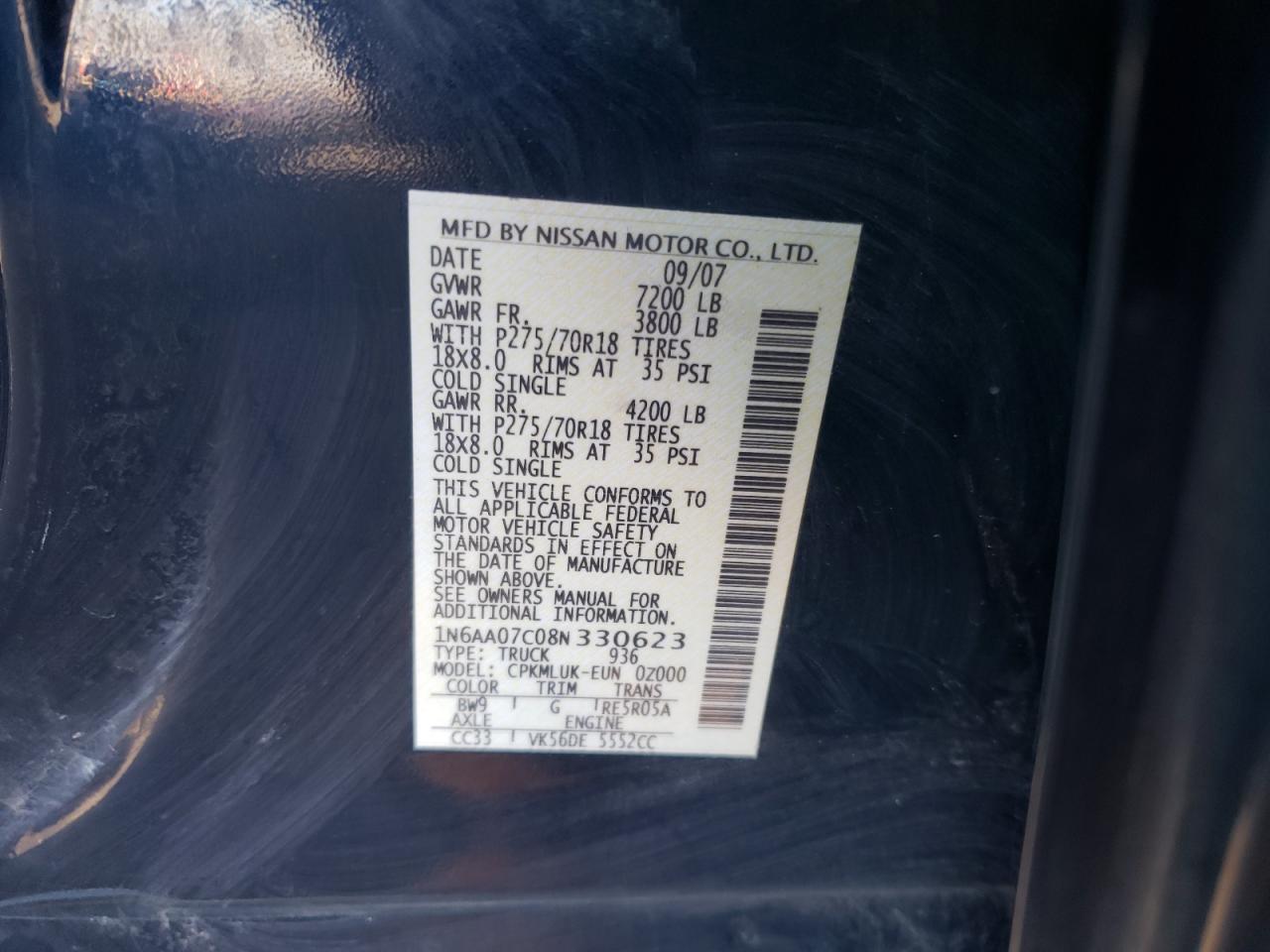Photo 10 from auction – 2008 NISSAN TITAN XE with VIN 1N6AA07C08N330623