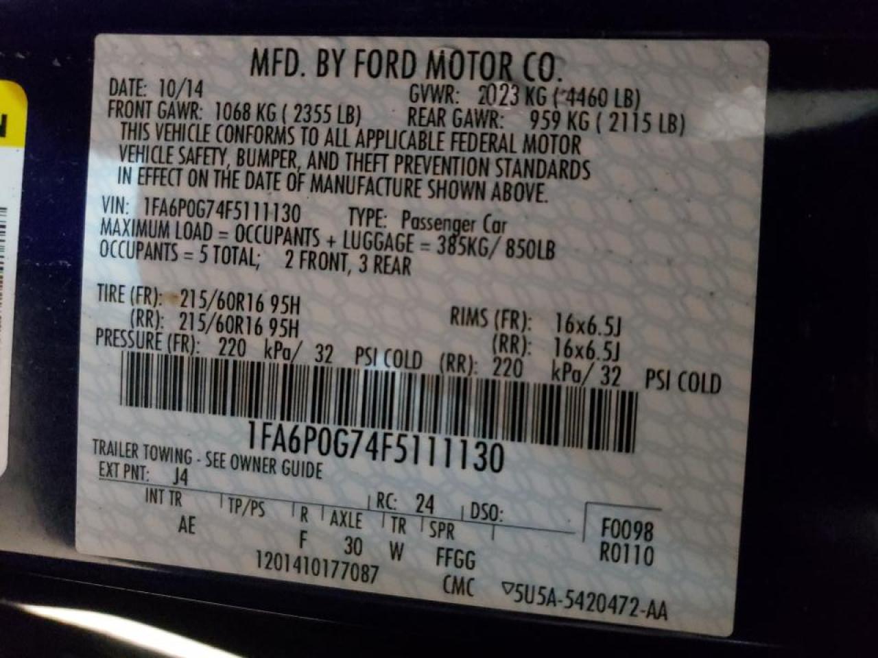 Photo 10 from auction – 2015 FORD FUSION S with VIN 1FA6P0G74F5111130