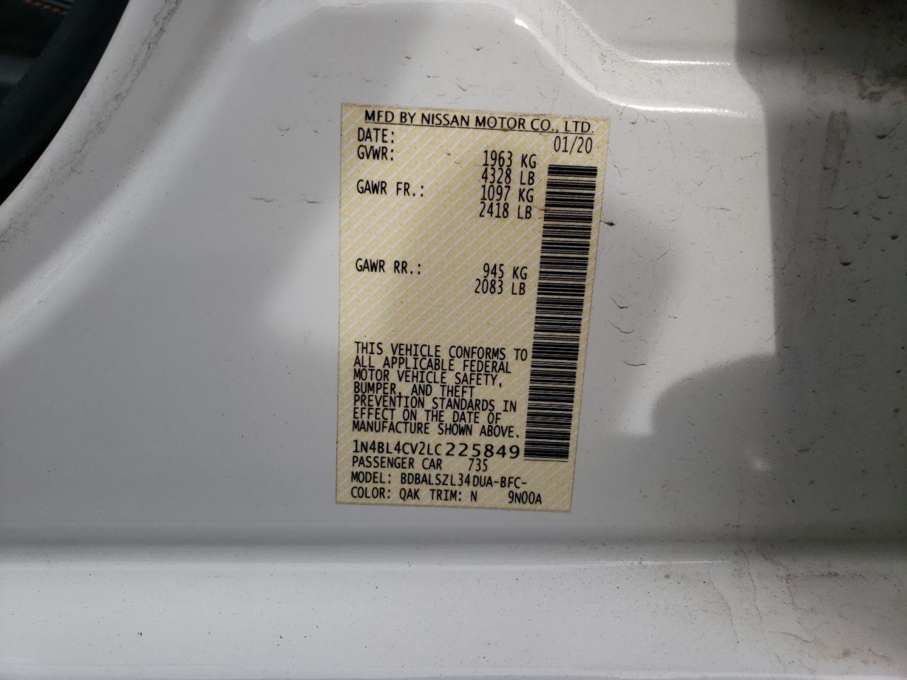 Photo 10 from auction – 2020 NISSAN ALTIMA SR with VIN 1N4BL4CV2LC225849