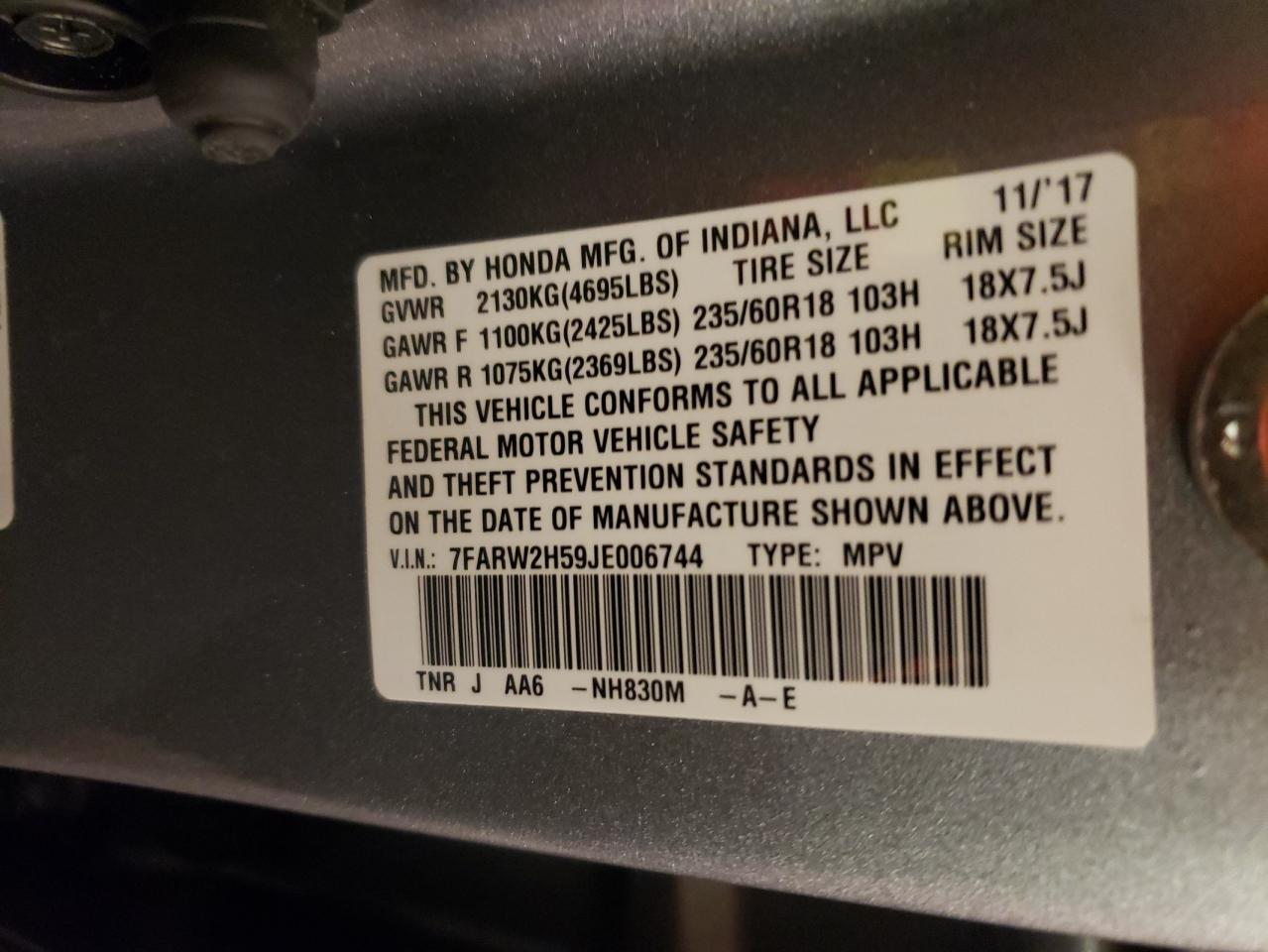 Photo 10 from auction – 2018 HONDA CR-V EX with VIN 7FARW2H59JE006744