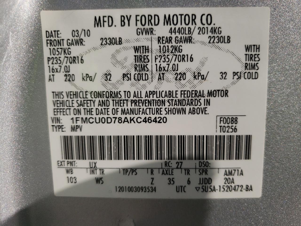 Photo 10 from auction – 2010 FORD ESCAPE XLT with VIN 1FMCU0D78AKC46420