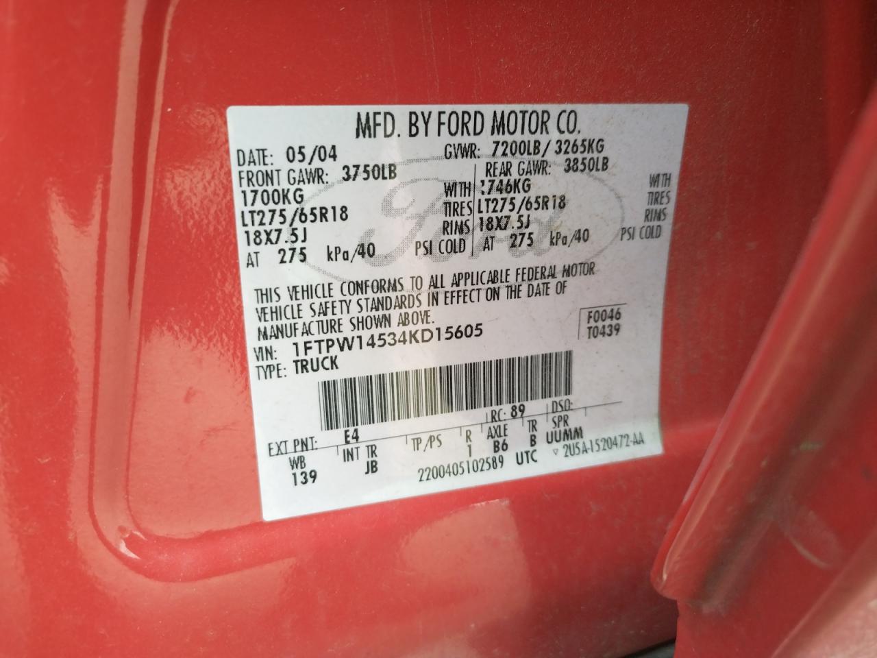 Photo 10 from auction – 2004 FORD F150 SUPER with VIN 1FTPW14534KD15605