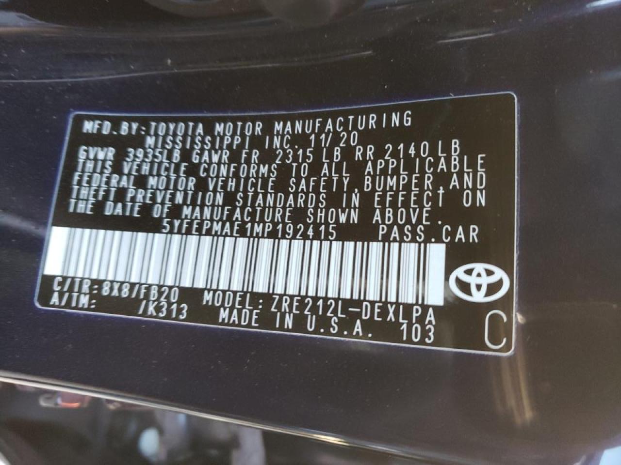 Photo 10 from auction – 2021 TOYOTA COROLLA LE with VIN 5YFEPMAE1MP192415