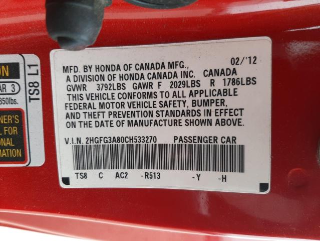 Photo 10 from auction – 2012 HONDA CIVIC EX with VIN 2HGFG3A80CH533270