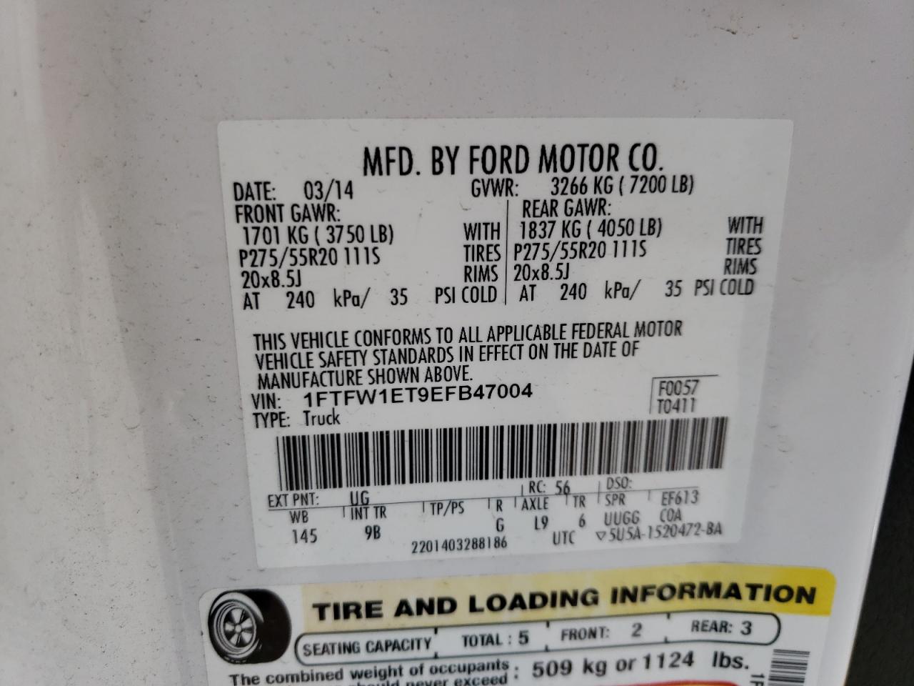 Photo 10 from auction – 2014 FORD F150 SUPER with VIN 1FTFW1ET9EFB47004