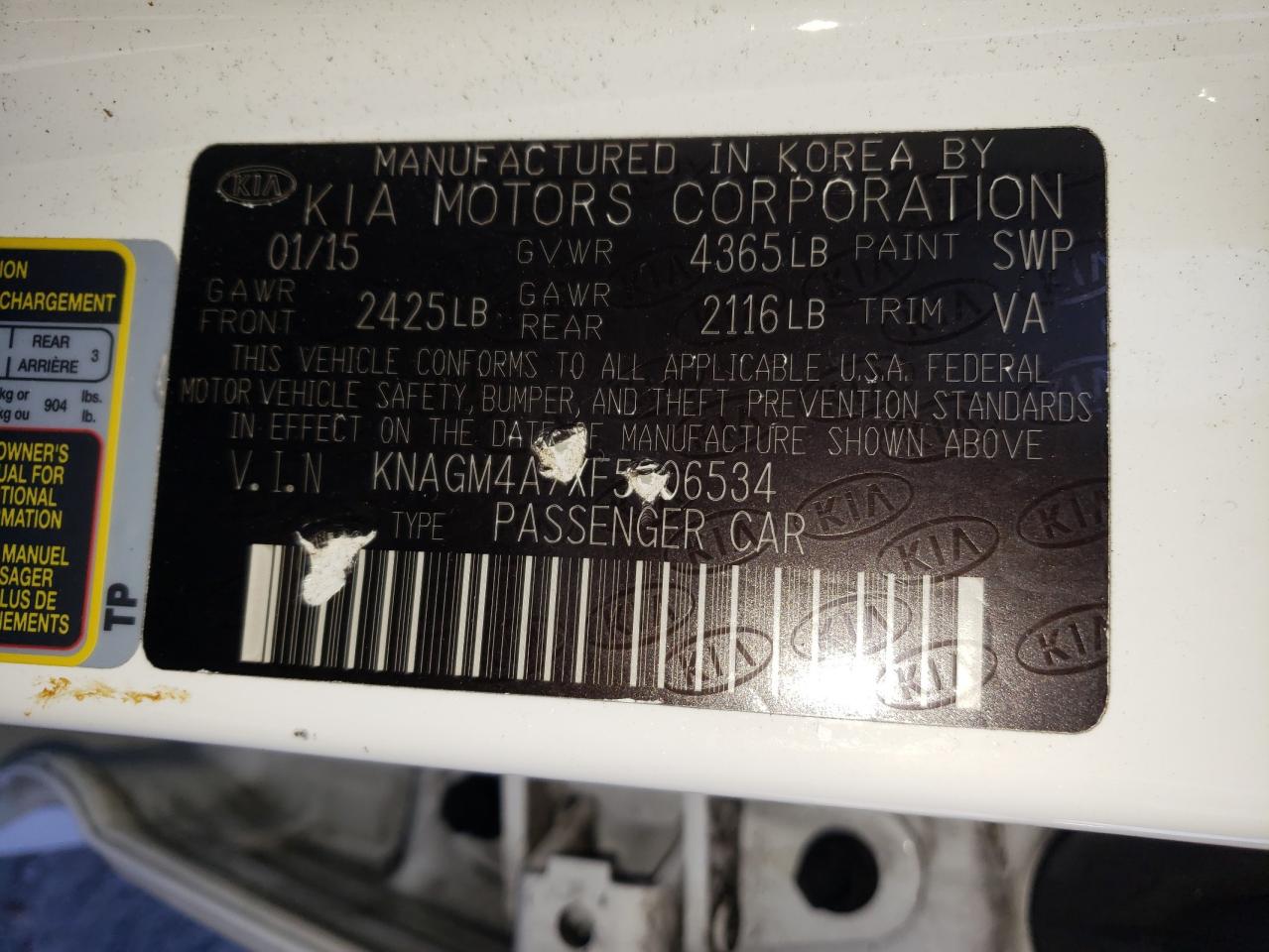 Photo 10 from auction – 2015 KIA OPTIMA LX with VIN KNAGM4A7XF5606534