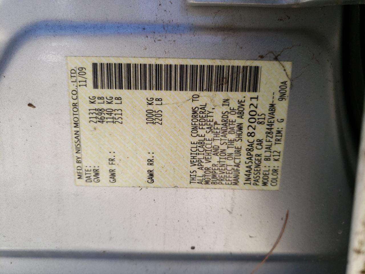 صورة رقم 10 من المزاد - 2010 NISSAN MAXIMA مع VIN 1N4AA5AP8AC820021